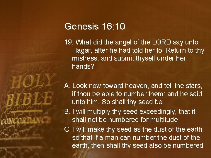 Genesis 16: 10 19. What did the angel of the LORD say unto Hagar,