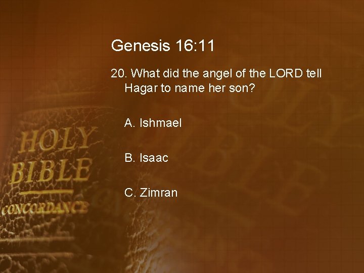 Genesis 16: 11 20. What did the angel of the LORD tell Hagar to