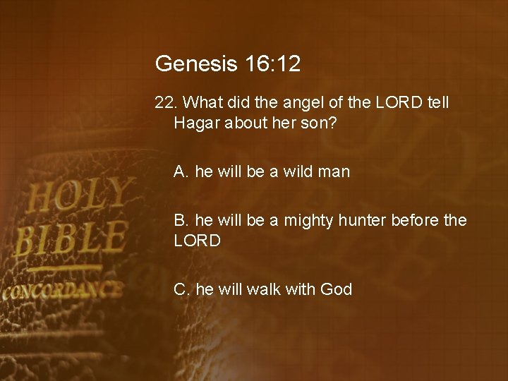 Genesis 16: 12 22. What did the angel of the LORD tell Hagar about