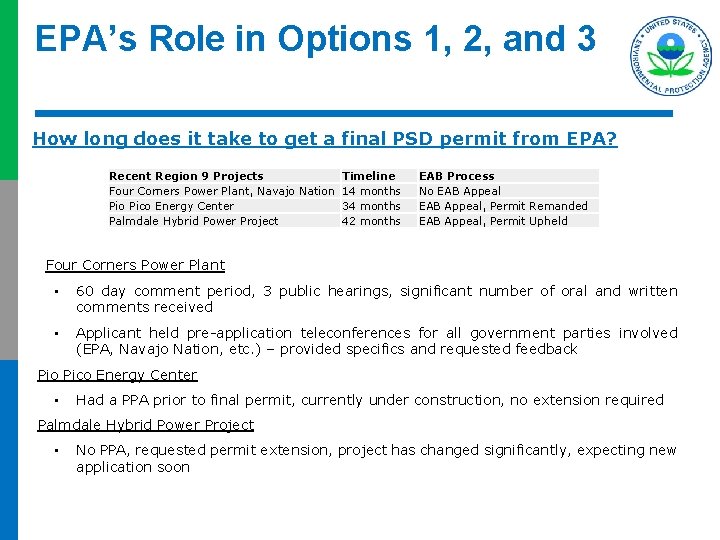 EPA’s Role in Options 1, 2, and 3 How long does it take to