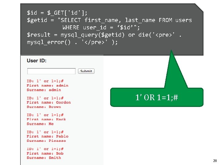 $id = $_GET['id']; $getid = "SELECT first_name, last_name FROM users WHERE user_id = ‘$id’";