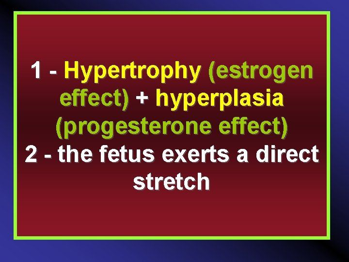 1 - Hypertrophy (estrogen effect) + hyperplasia (progesterone effect) 2 - the fetus exerts