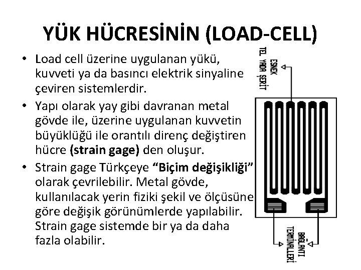 YÜK HÜCRESİNİN (LOAD-CELL) • Load cell üzerine uygulanan yükü, kuvveti ya da basıncı elektrik