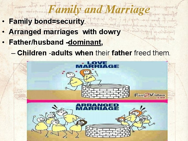 Family and Marriage • Family bond=security. • Arranged marriages with dowry • Father/husband -dominant,