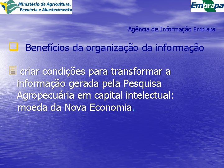 Agência de Informação Embrapa q Benefícios da organização da informação 3 criar condições para