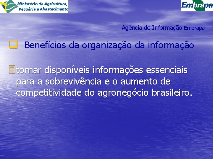 Agência de Informação Embrapa q Benefícios da organização da informação 3 tornar disponíveis informações