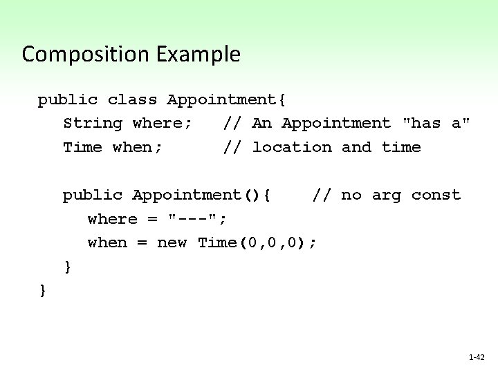 Composition Example public class Appointment{ String where; // An Appointment "has a" Time when; Composition Example public class Appointment{ String where; // An Appointment "has a" Time when;
