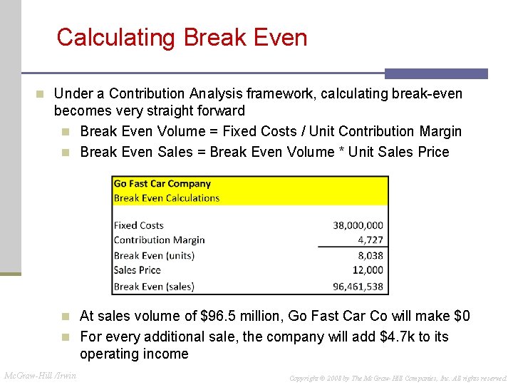 Calculating Break Even n Under a Contribution Analysis framework, calculating break-even becomes very straight