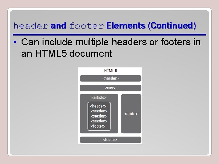 header and footer Elements (Continued) • Can include multiple headers or footers in an