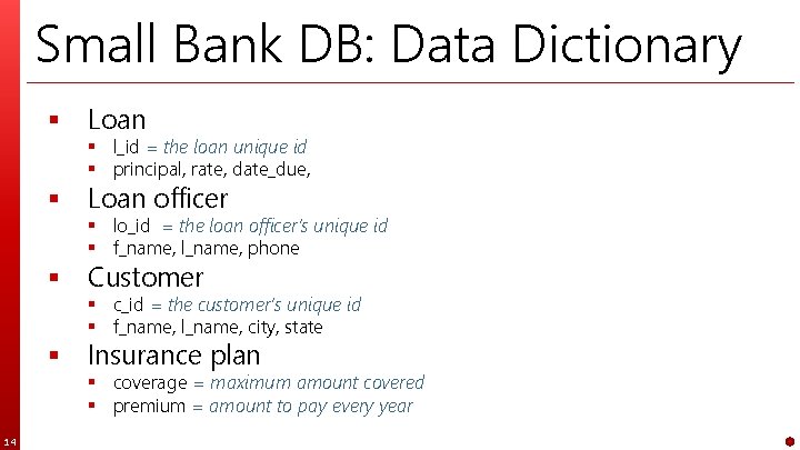 Small Bank DB: Data Dictionary § Loan § l_id = the loan unique id