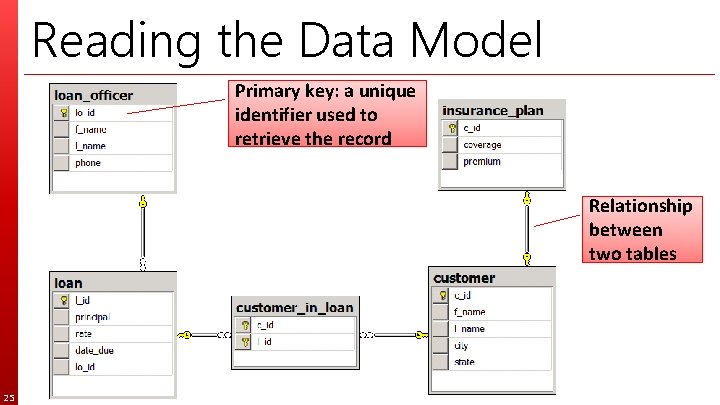 Reading the Data Model Primary key: a unique identifier used to retrieve the record