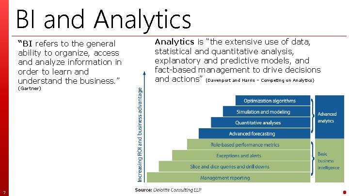 BI and Analytics “BI refers to the general ability to organize, access and analyze