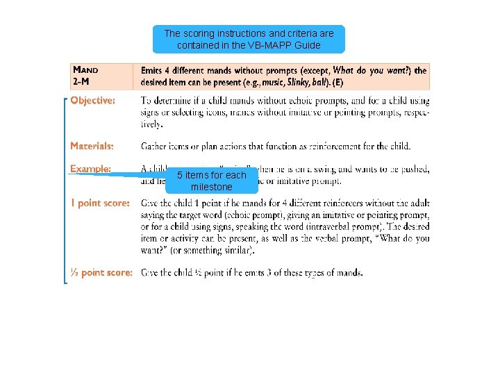 The scoring instructions and criteria are contained in the VB-MAPP Guide 5 items for