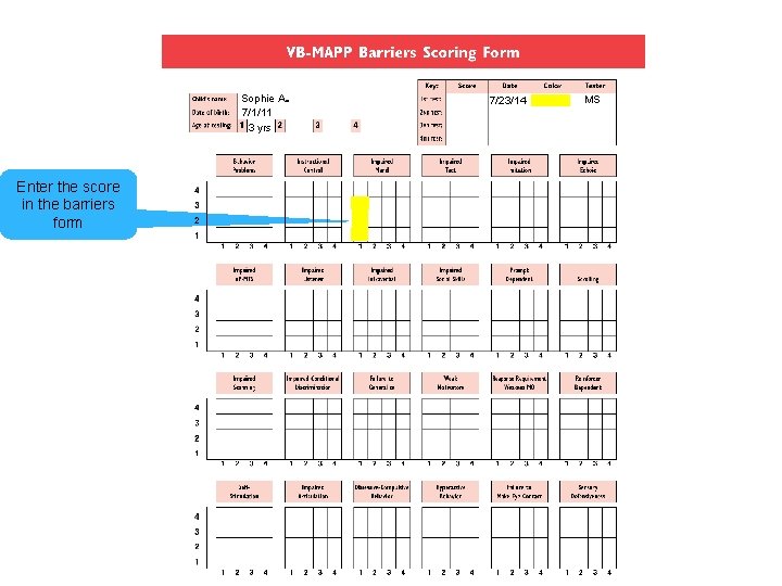 . Sophie A 7/1/11 3 yrs Enter the score in the barriers form 7/23/14