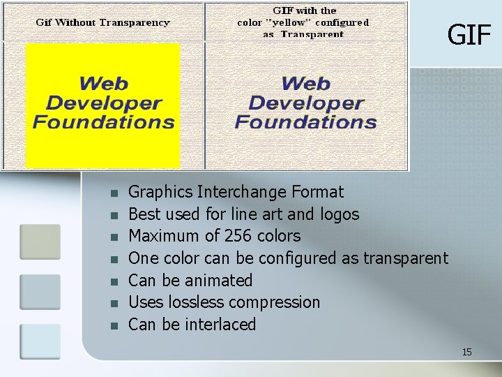 GIF n n n n Graphics Interchange Format Best used for line art and