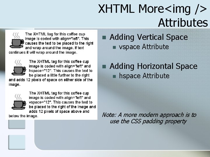 XHTML More<img /> Attributes n Adding Vertical Space n n vspace Attribute Adding Horizontal