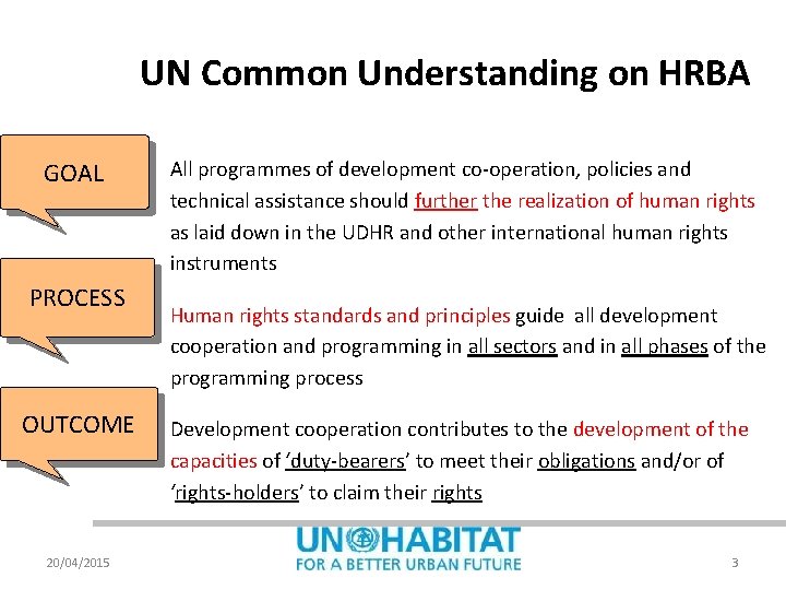 UN Common Understanding on HRBA GOAL 1. PROCESS 2. OUTCOME 3. 20/04/2015 All programmes