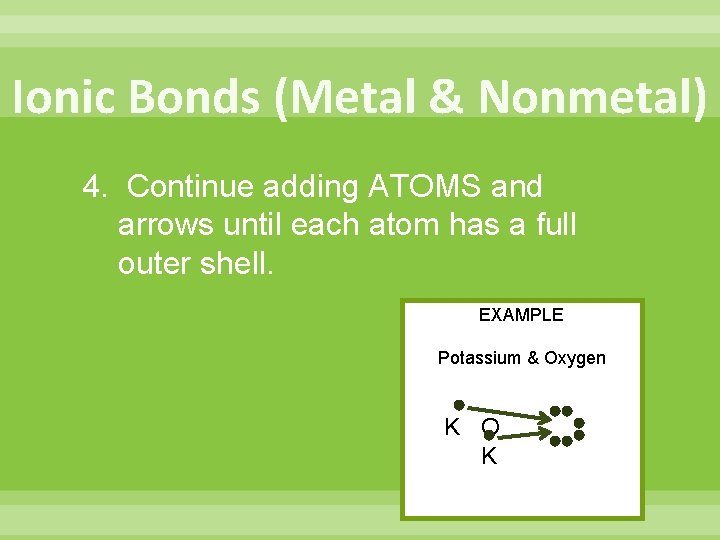 Ionic Bonds (Metal & Nonmetal) 4. Continue adding ATOMS and arrows until each atom Ionic Bonds (Metal & Nonmetal) 4. Continue adding ATOMS and arrows until each atom
