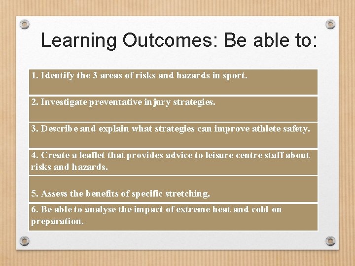 Learning Outcomes: Be able to: 1. Identify the 3 areas of risks and hazards