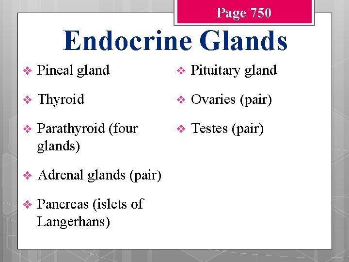 Page 750 Endocrine Glands v Pineal gland v Pituitary gland v Thyroid v Ovaries