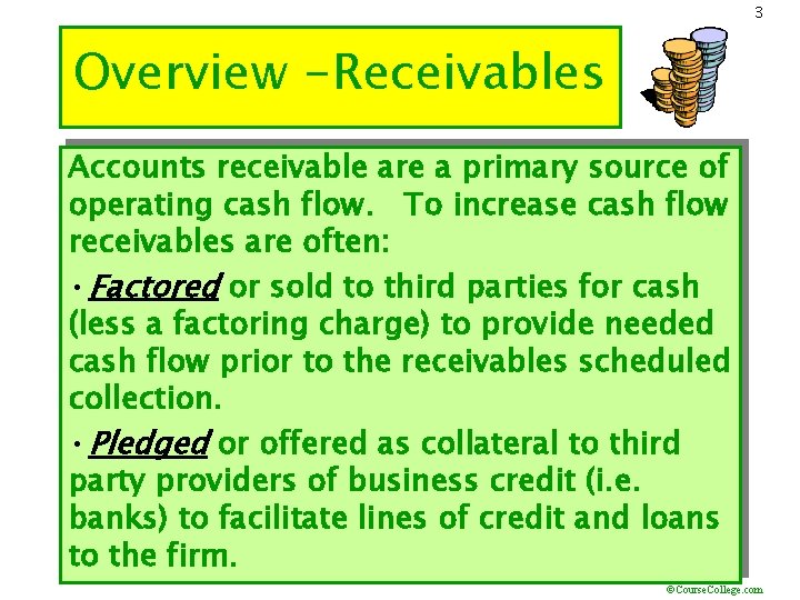 3 Overview -Receivables Accounts receivable are a primary source of operating cash flow. To