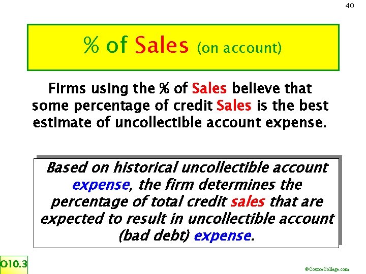 40 % of Sales (on account) Firms using the % of Sales believe that
