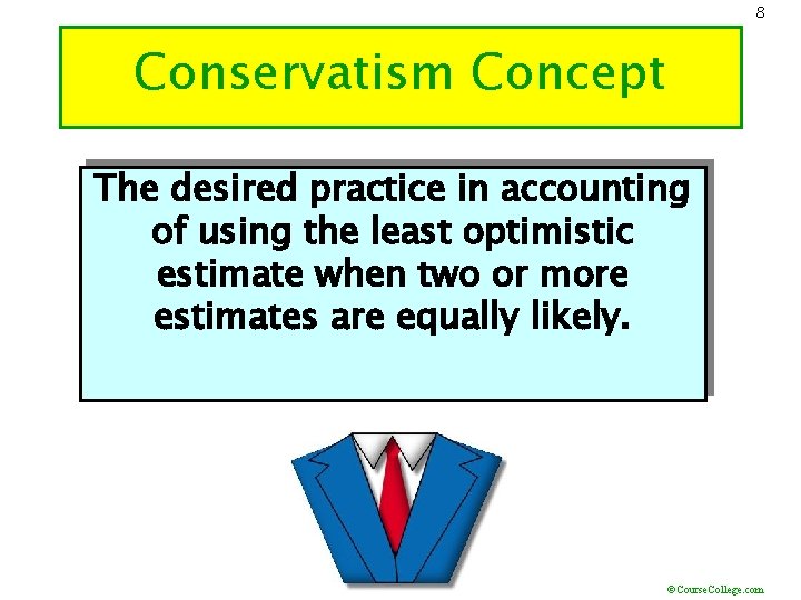 8 Conservatism Concept The desired practice in accounting of using the least optimistic estimate