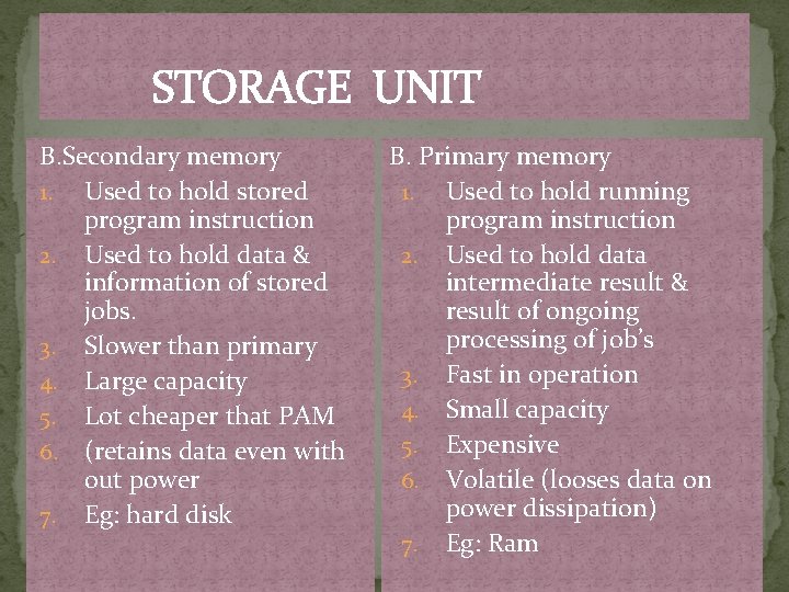 STORAGE UNIT B. Secondary memory 1. Used to hold stored program instruction 2. Used