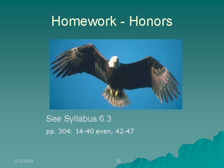 Homework - Honors See Syllabus 6. 3 pp. 304: 14 -40 even, 42 -47