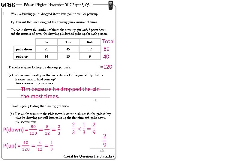 GCSE 1 Edexcel Higher: November 2017 Paper 3, Q 8 When a drawing pin