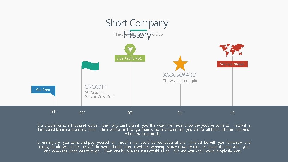 Short Company History This sub-title is example slide Asia-Pacific No 1 We turn Global