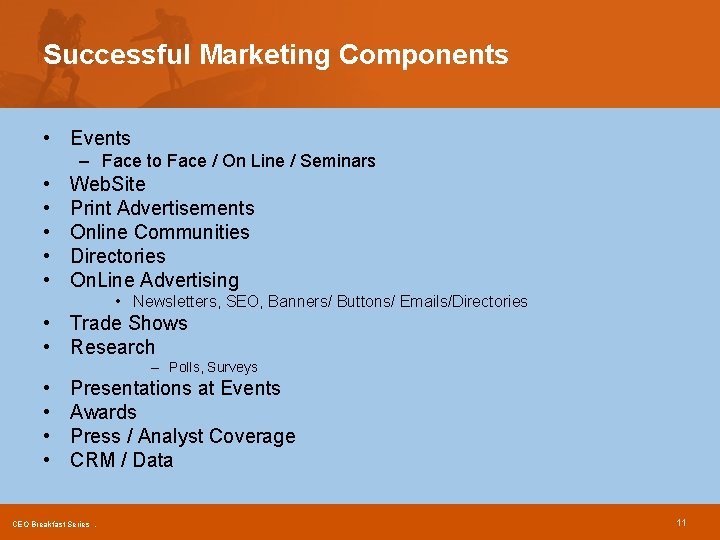 Successful Marketing Components • Events – Face to Face / On Line / Seminars