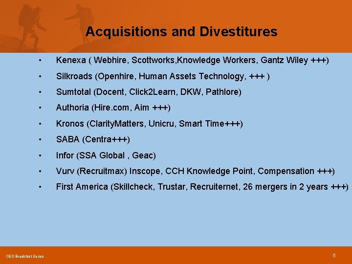 Acquisitions and Divestitures • Kenexa ( Webhire, Scottworks, Knowledge Workers, Gantz Wiley +++) •