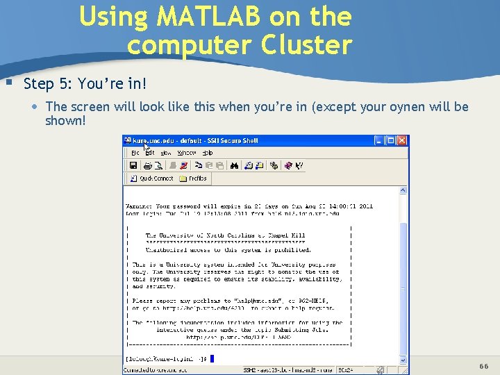 Using MATLAB on the computer Cluster § Step 5: You’re in! • The screen