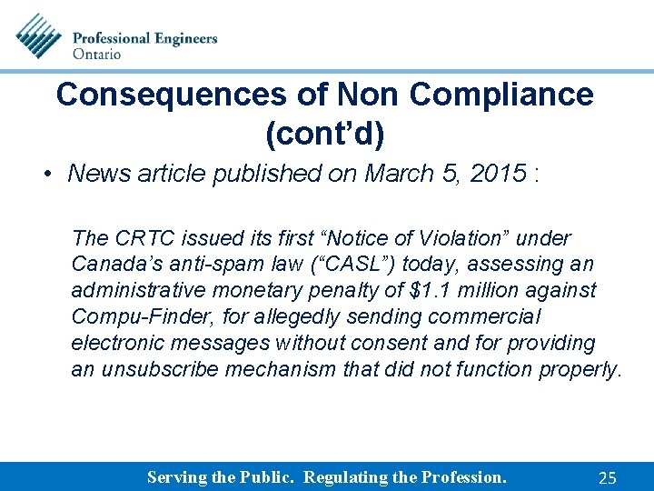 Consequences of Non Compliance (cont’d) • News article published on March 5, 2015 :