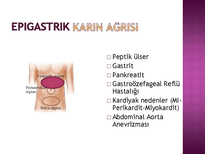 EPIGASTRIK � Peptik ülser � Gastrit � Pankreatit � Gastroözefageal Reflü Hastalığı � Kardiyak