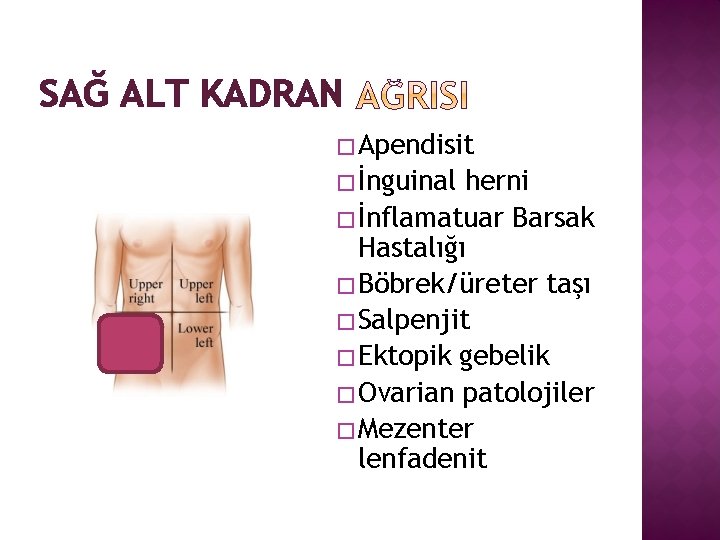 SAĞ ALT KADRAN � Apendisit � İnguinal herni � İnflamatuar Barsak Hastalığı � Böbrek/üreter