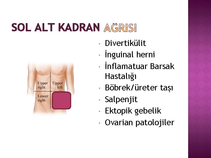 SOL ALT KADRAN Divertikülit İnguinal herni İnflamatuar Barsak Hastalığı Böbrek/üreter taşı Salpenjit Ektopik gebelik