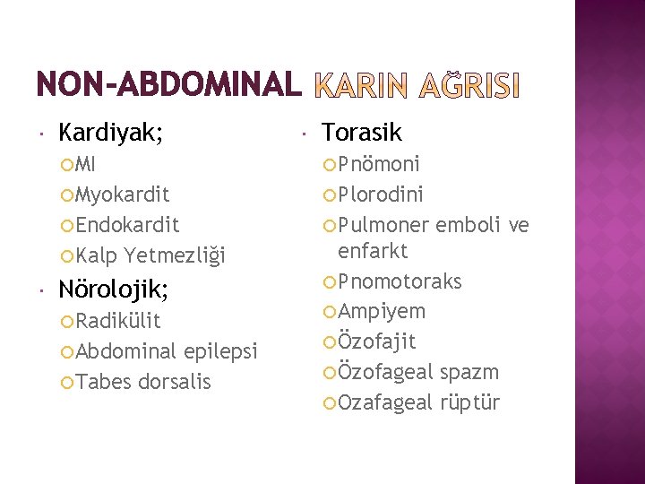 NON-ABDOMINAL Kardiyak; Torasik MI Pnömoni Myokardit Plorodini Endokardit Pulmoner Kalp enfarkt Pnomotoraks Ampiyem Özofajit