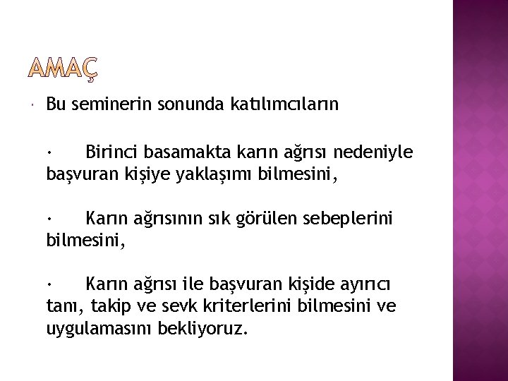  Bu seminerin sonunda katılımcıların · Birinci basamakta karın ağrısı nedeniyle başvuran kişiye yaklaşımı