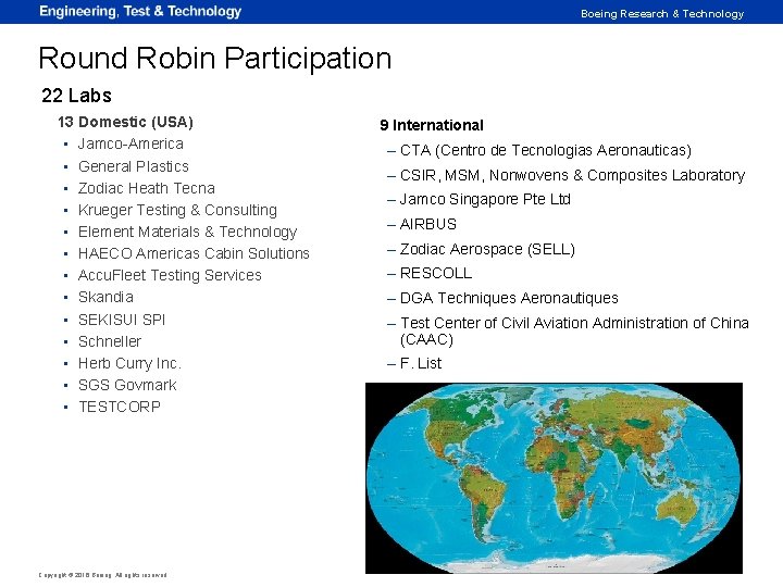 Boeing Research & Technology Round Robin Participation 22 Labs 13 Domestic (USA) ▪ Jamco-America