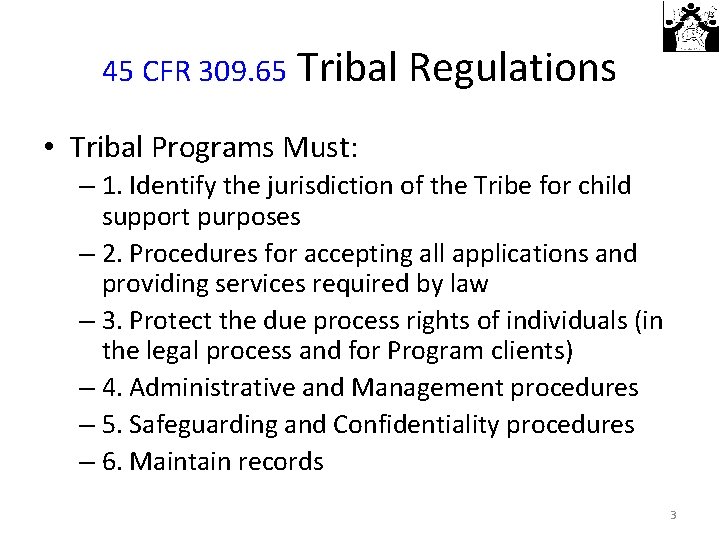 45 CFR 309. 65 Tribal Regulations • Tribal Programs Must: – 1. Identify the