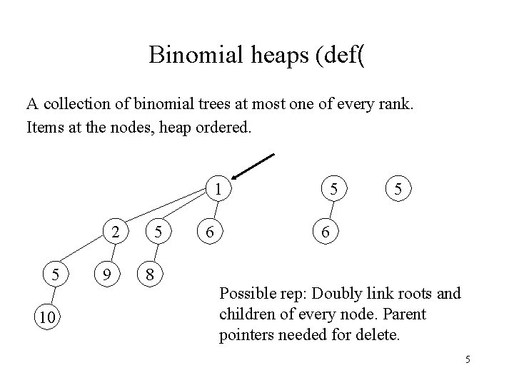Binomial heaps (def( A collection of binomial trees at most one of every rank.