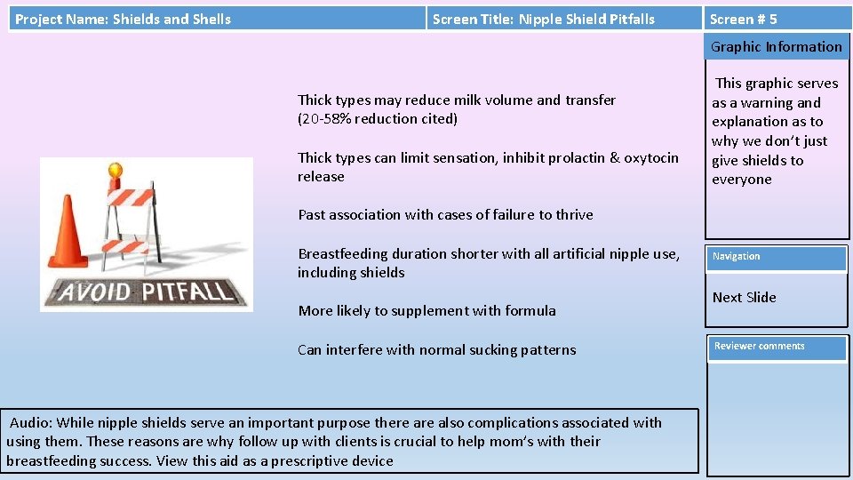 Project Name: Shields and Shells Screen Title: Nipple Shield Pitfalls Screen # 5 Graphic