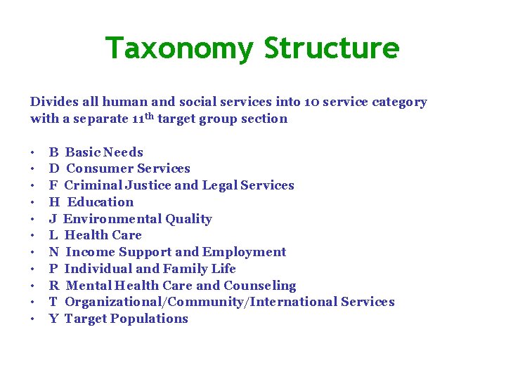 Taxonomy Structure Divides all human and social services into 10 service category with a
