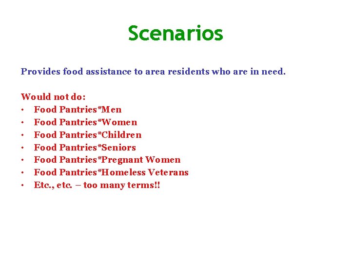 Scenarios Provides food assistance to area residents who are in need. Would not do: