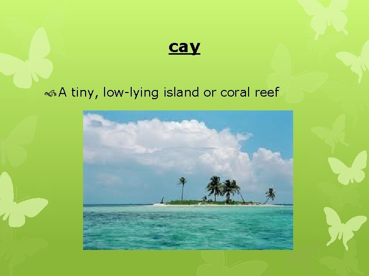 cay A tiny, low-lying island or coral reef 