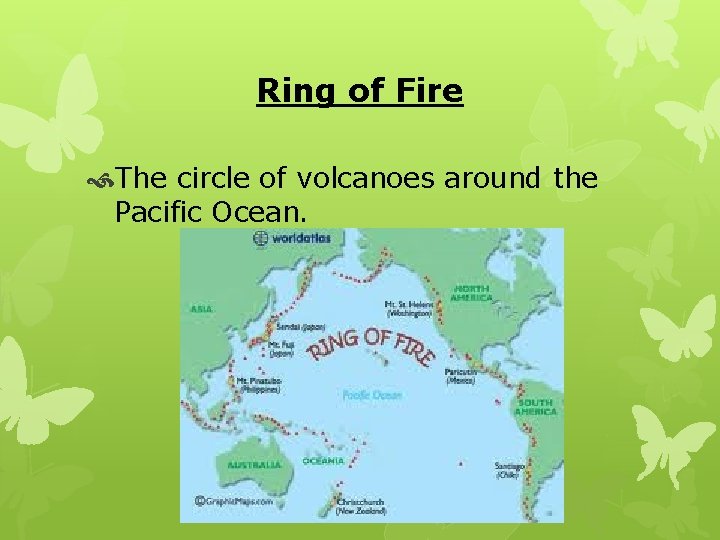 Ring of Fire The circle of volcanoes around the Pacific Ocean. 