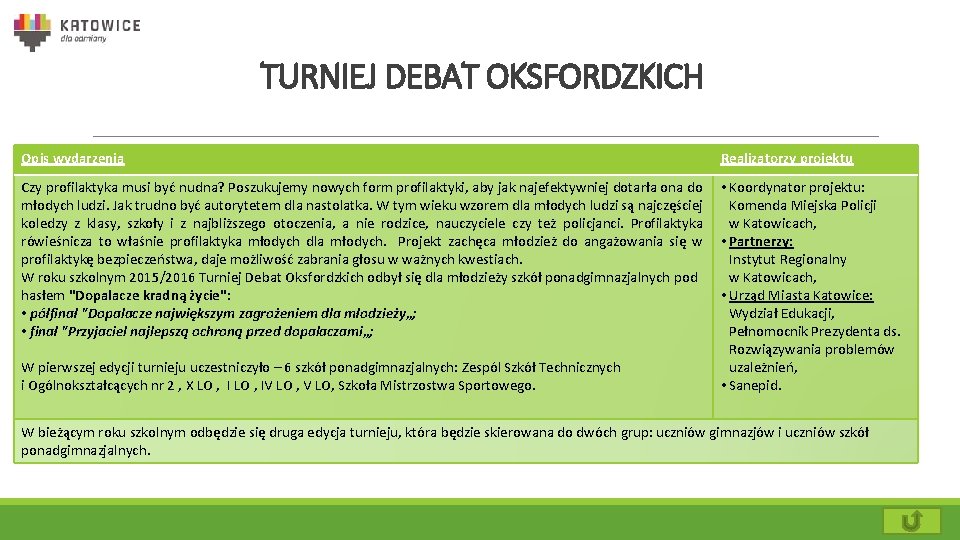 TURNIEJ DEBAT OKSFORDZKICH Opis wydarzenia Realizatorzy projektu Czy profilaktyka musi być nudna? Poszukujemy nowych