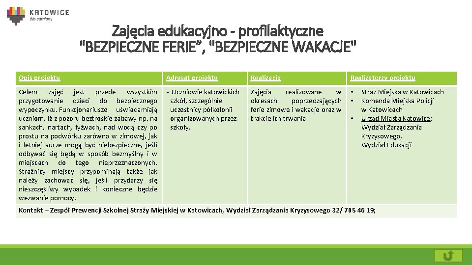 Zajęcia edukacyjno - profilaktyczne "BEZPIECZNE FERIE”, "BEZPIECZNE WAKACJE" Opis projektu Adresat projektu Realizacja Realizatorzy